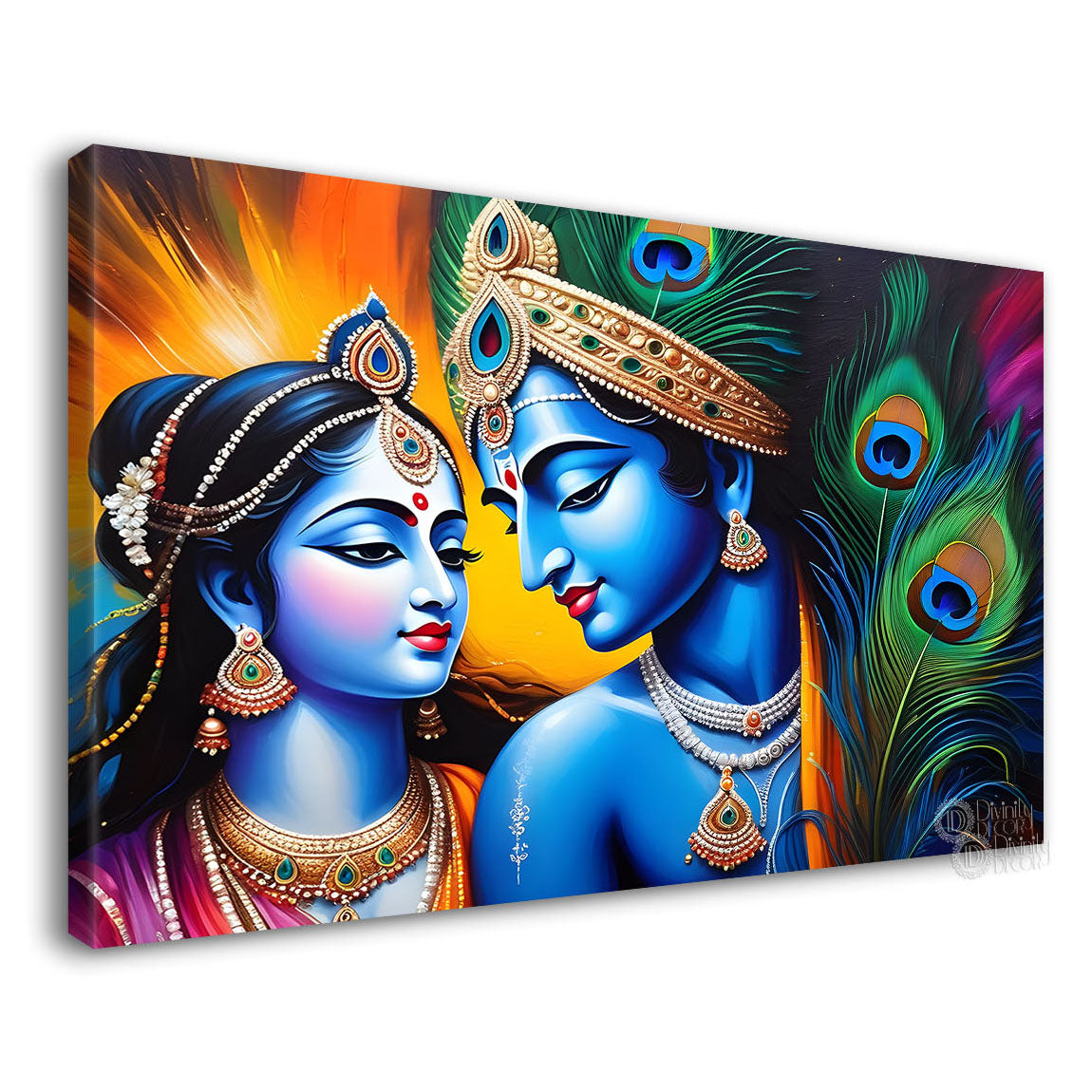 Blue face of Krishna and Radha with yellow and peacock feather background painting Canvas Painting - Design - Krishna-143