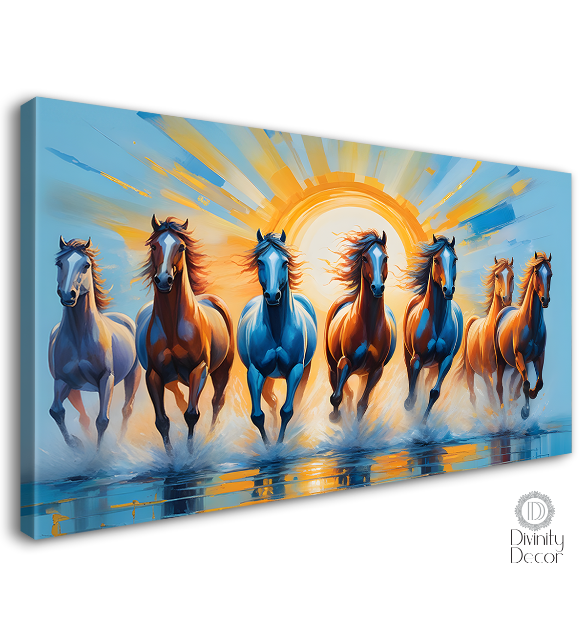 Brown horses running on the water with sunrise textured background art Canvas Painting - Design - Horse-144