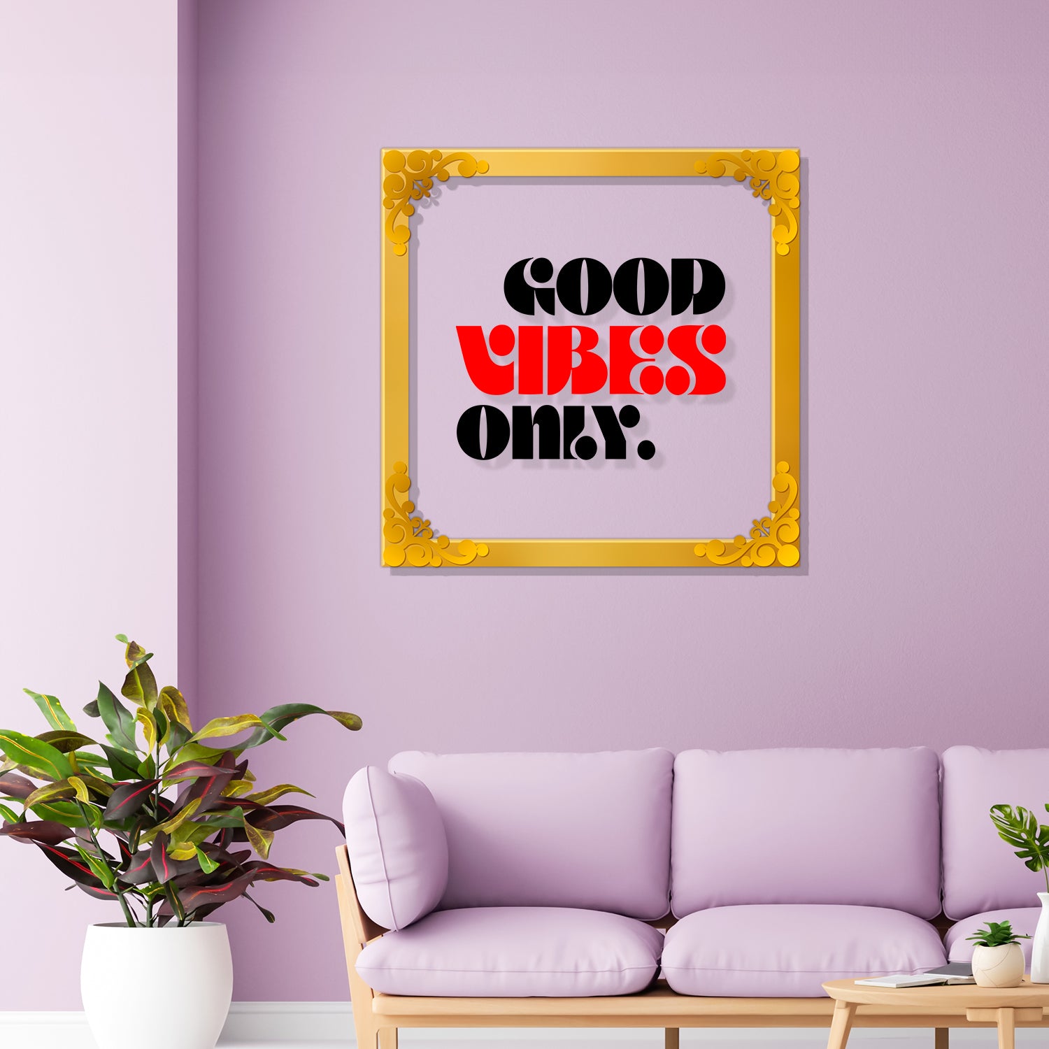 Good vibes only Golden Plaque for Gifting, Wall Decor Clear UV print with Golden Border-144