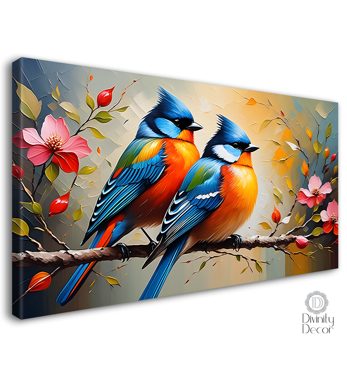 Two birds on the branch with pink flowers in grey background textured art - Design - Animal - 144