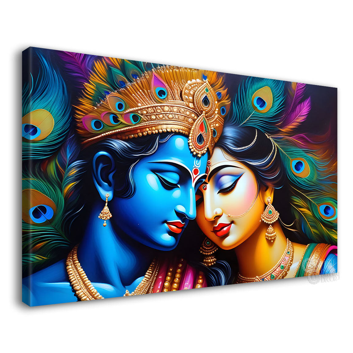 Blue face of Krishna and Radha with yellow and peacock feather background painting Canvas Painting - Design - Krishna-144