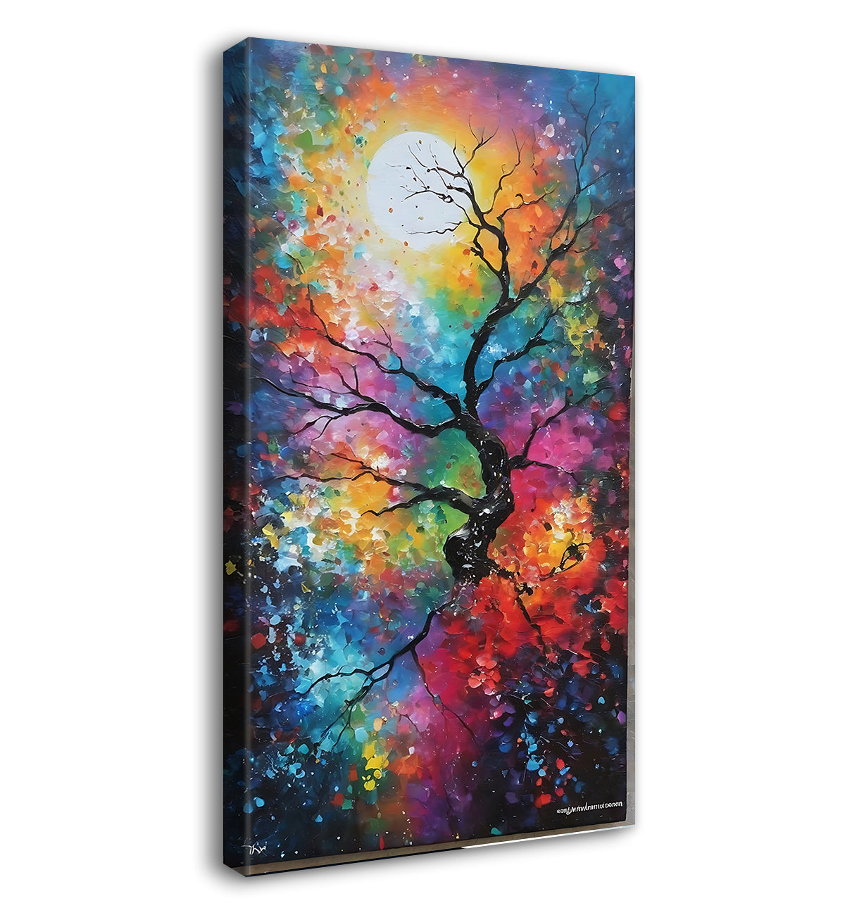 Branch with colourful leaves with sun in textured natural art Canvas Painting - Nature Art -V-144