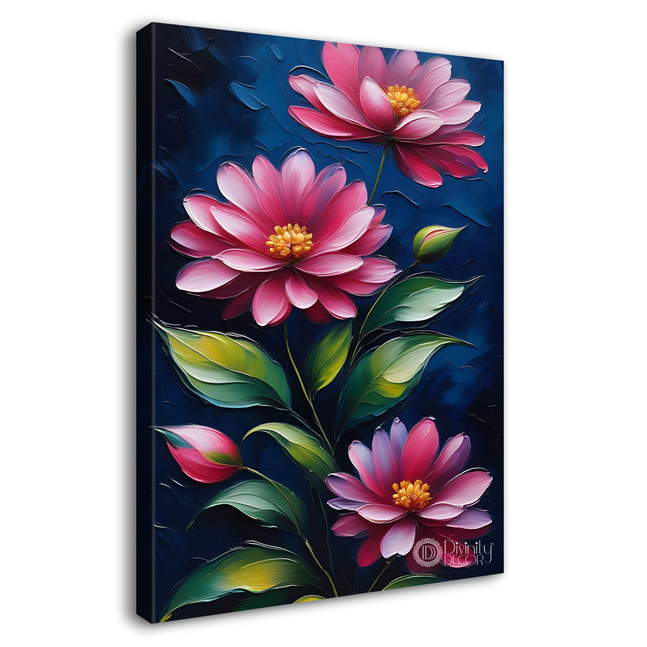 Pink flowers with navy blue background textured painting- Flower-V-144