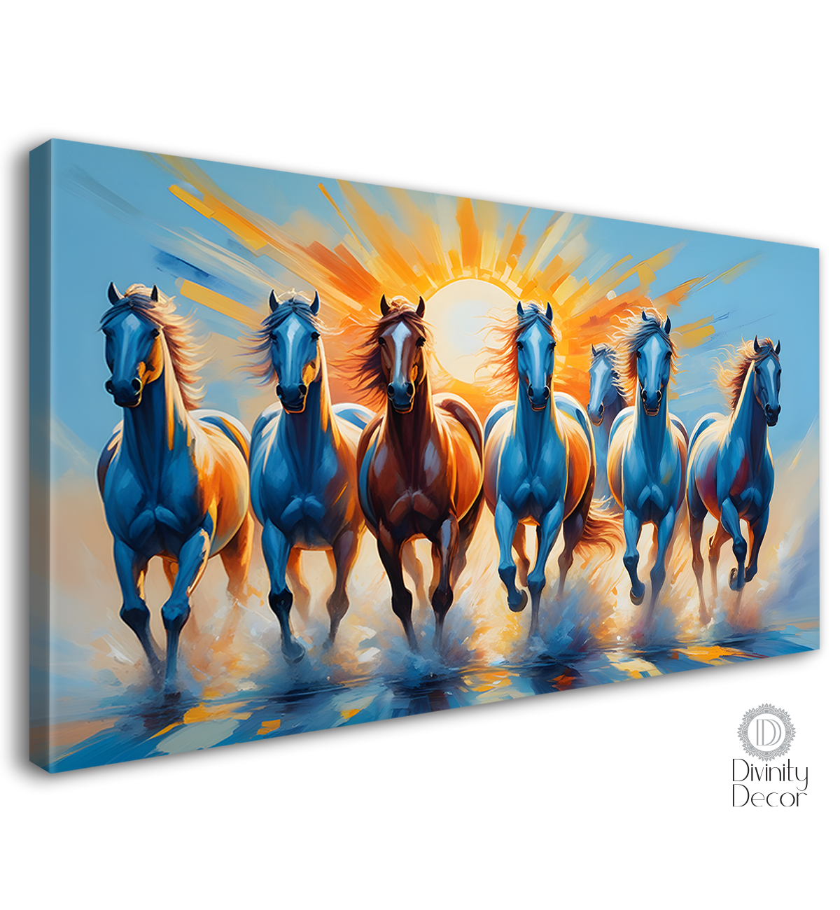 Brown horses running on the water with sunrise textured background art Canvas Painting - Design - Horse-145