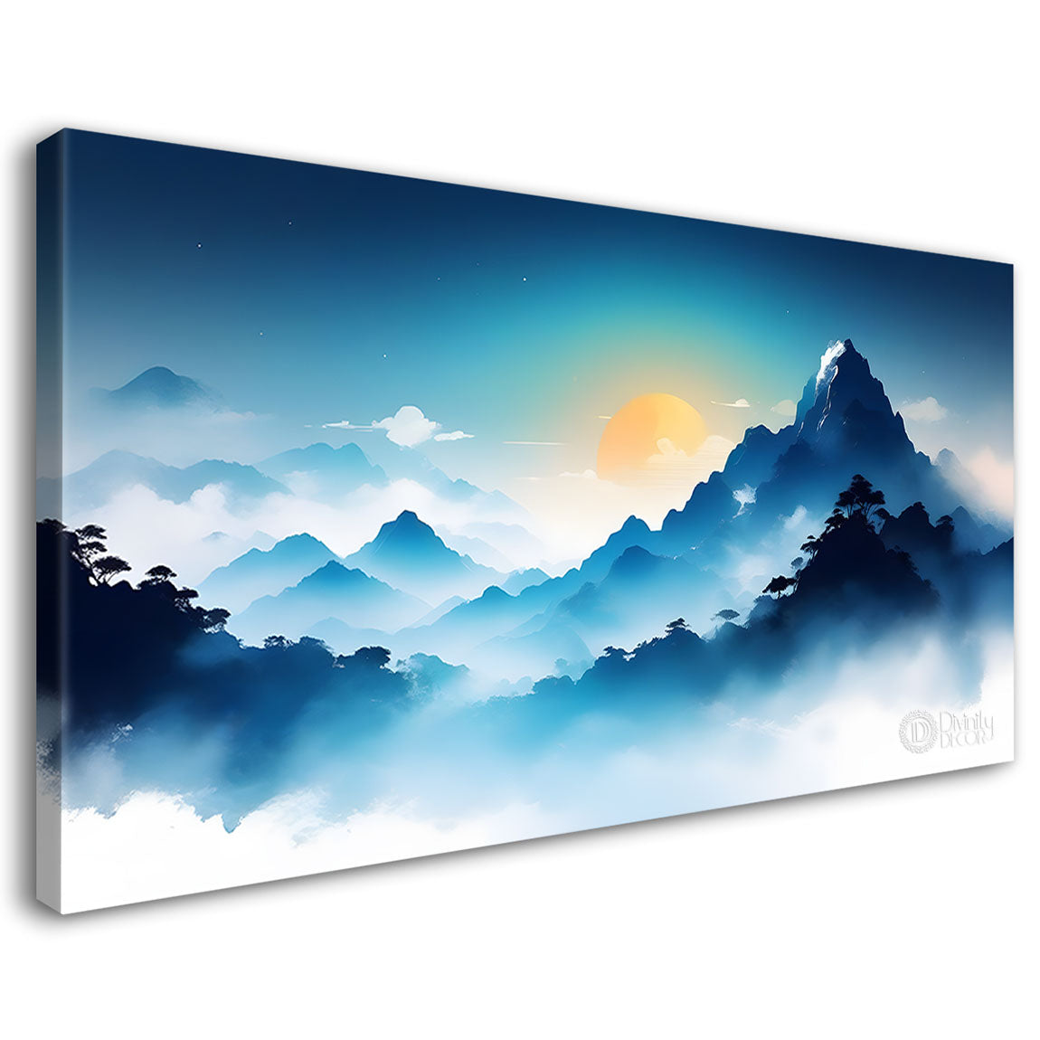 Mountains with clouds with sunset in textured water color painting Canvas Painting - Nature Art -145