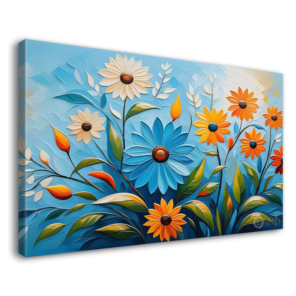 White and yellow  flowers with blue background painting- Design - Flower-145