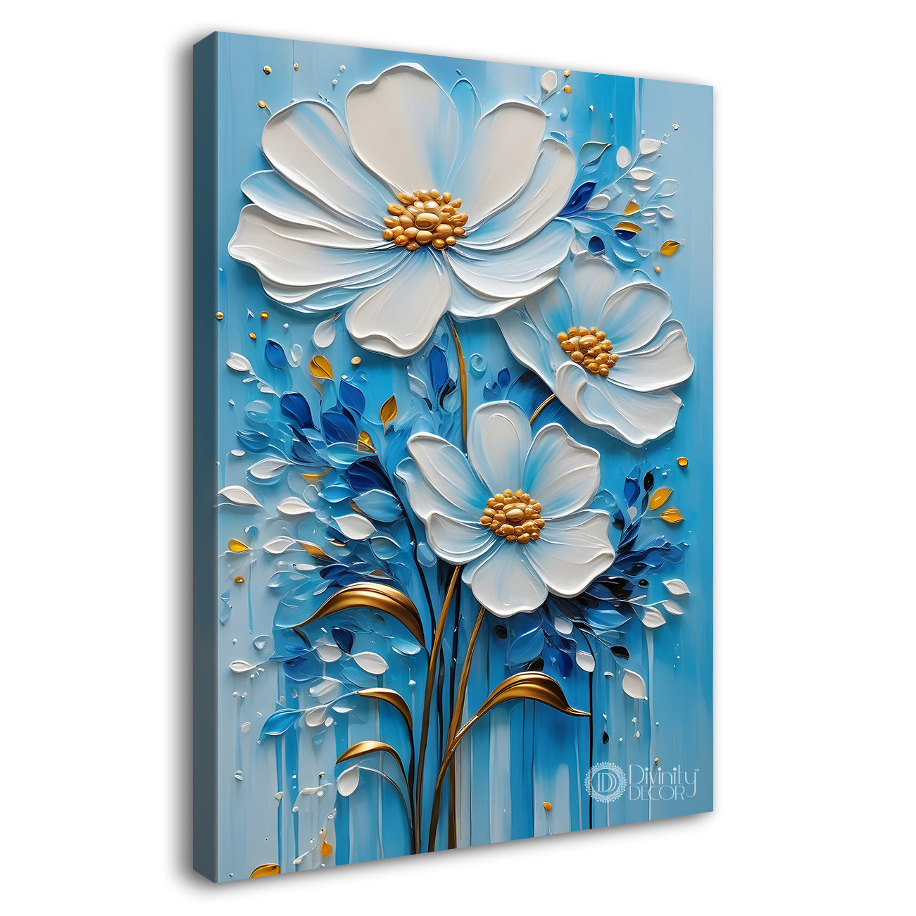 White flowers in sky blue textured background painting- Flower-V-145
