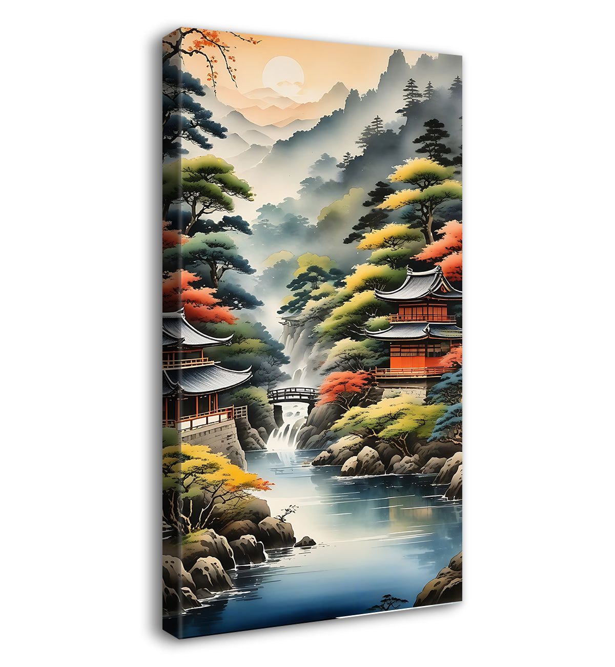 Mountains with lake and japenes houses in textured water colour painting Canvas Painting - Nature Art -V-145