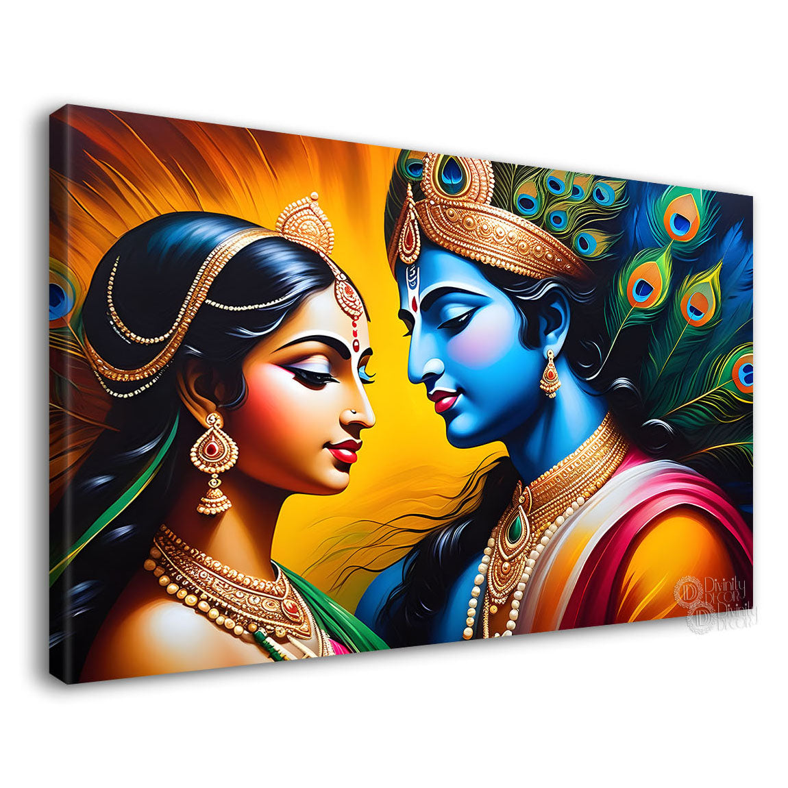 Blue face of Krishna and Radha with yellow and peacock feather background painting Canvas Painting - Design - Krishna-145