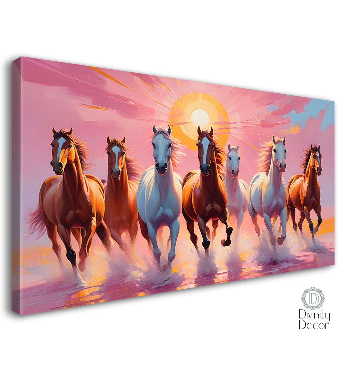 Brown and white horses running on the water with sunrise and pink textured background art Canvas Painting - Design - Horse-146