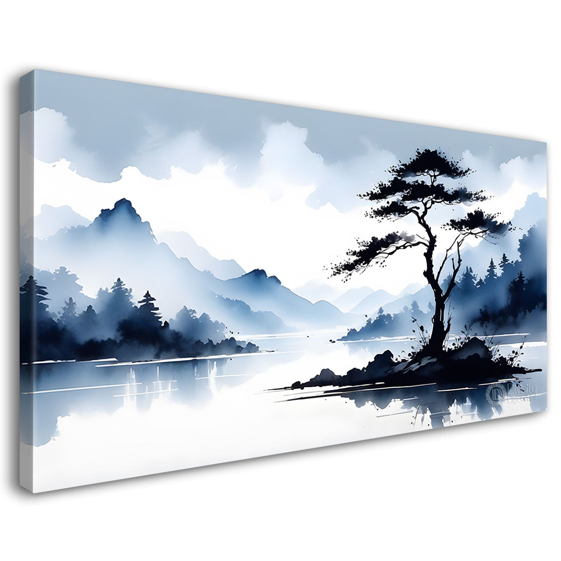Mountains with clouds and tree in textured water color painting Canvas Painting - Nature Art -146
