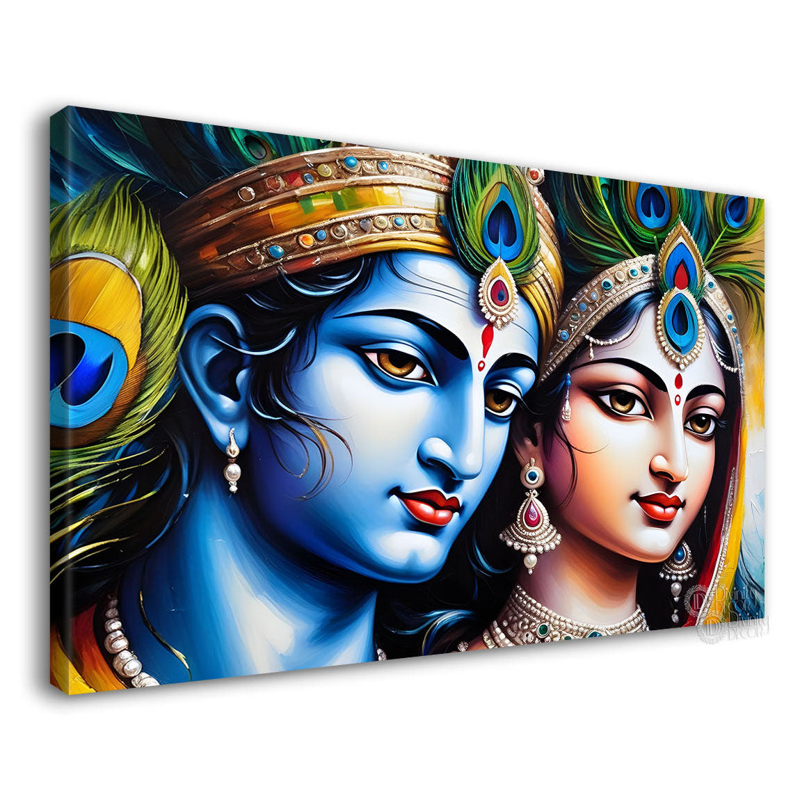 Blue face of Krishna and Radha with yellow and peacock feather background painting Canvas Painting - Design - Krishna-146