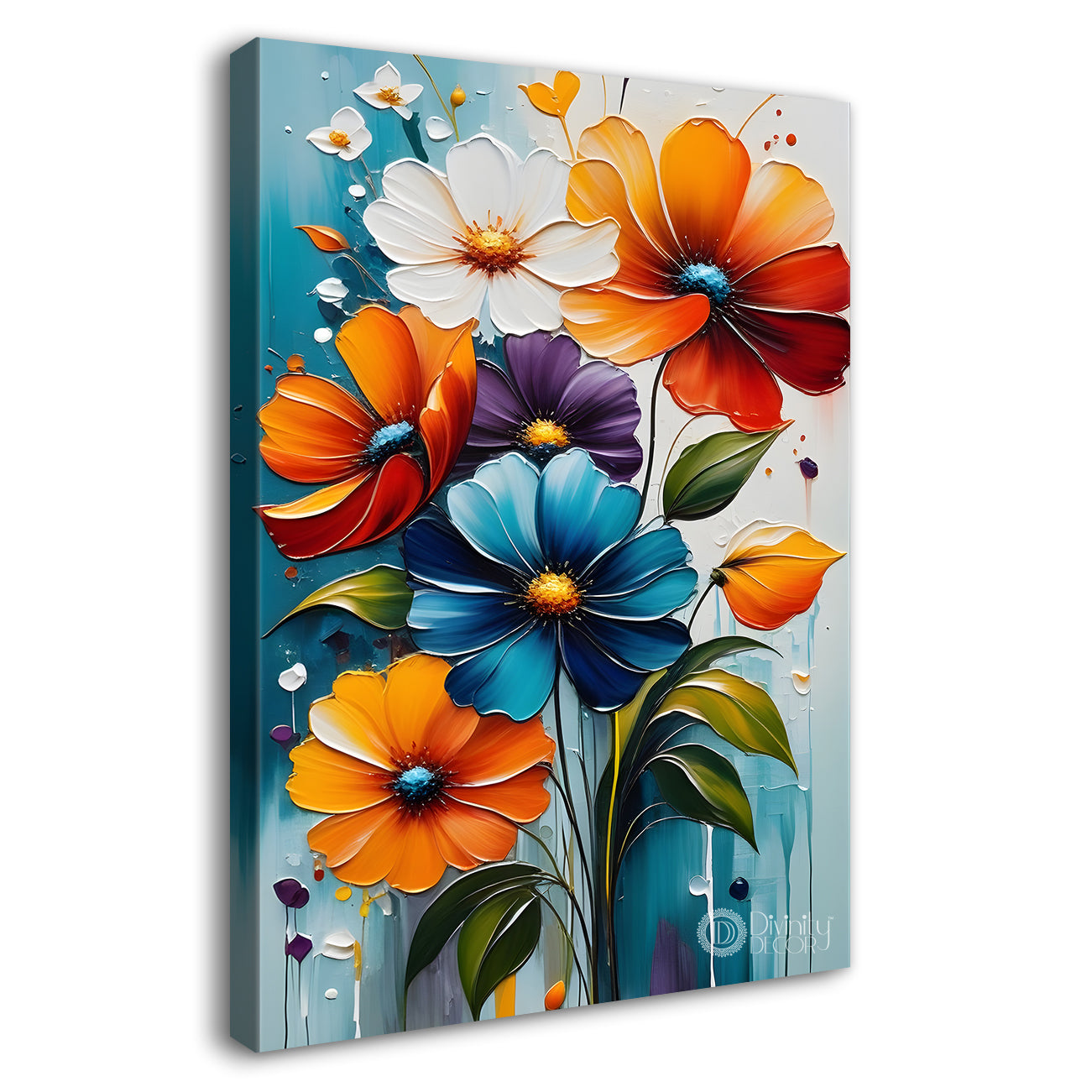 Colourful flowers with light blue textured painting- Flower-V-146