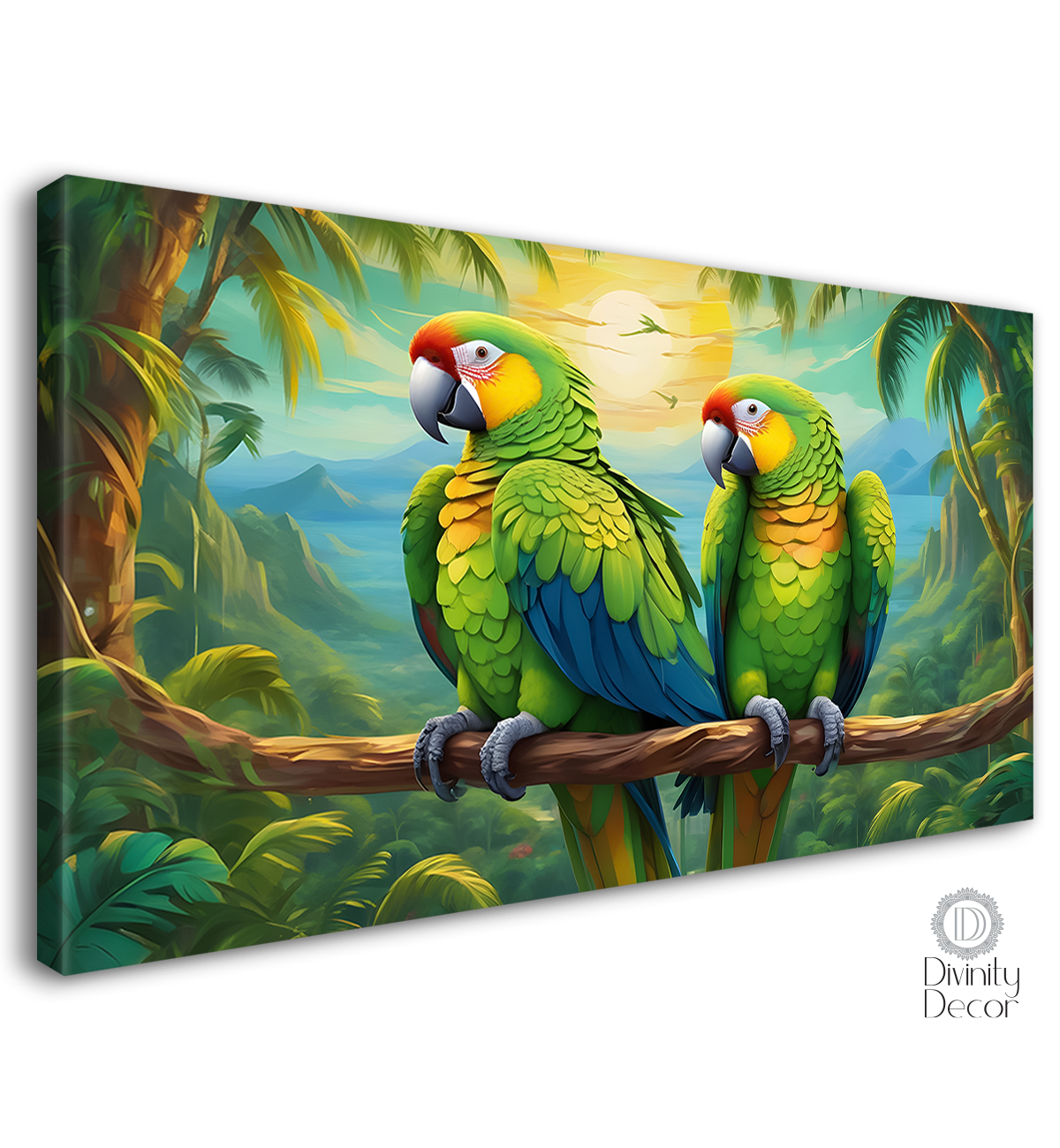 Two parrots on the branch with green background textured art. - Design - Animal - 146