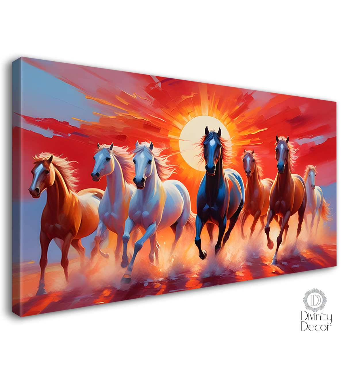 Brown and white horses running on the water with sunrise and red textured background art Canvas Painting - Design - Horse-147