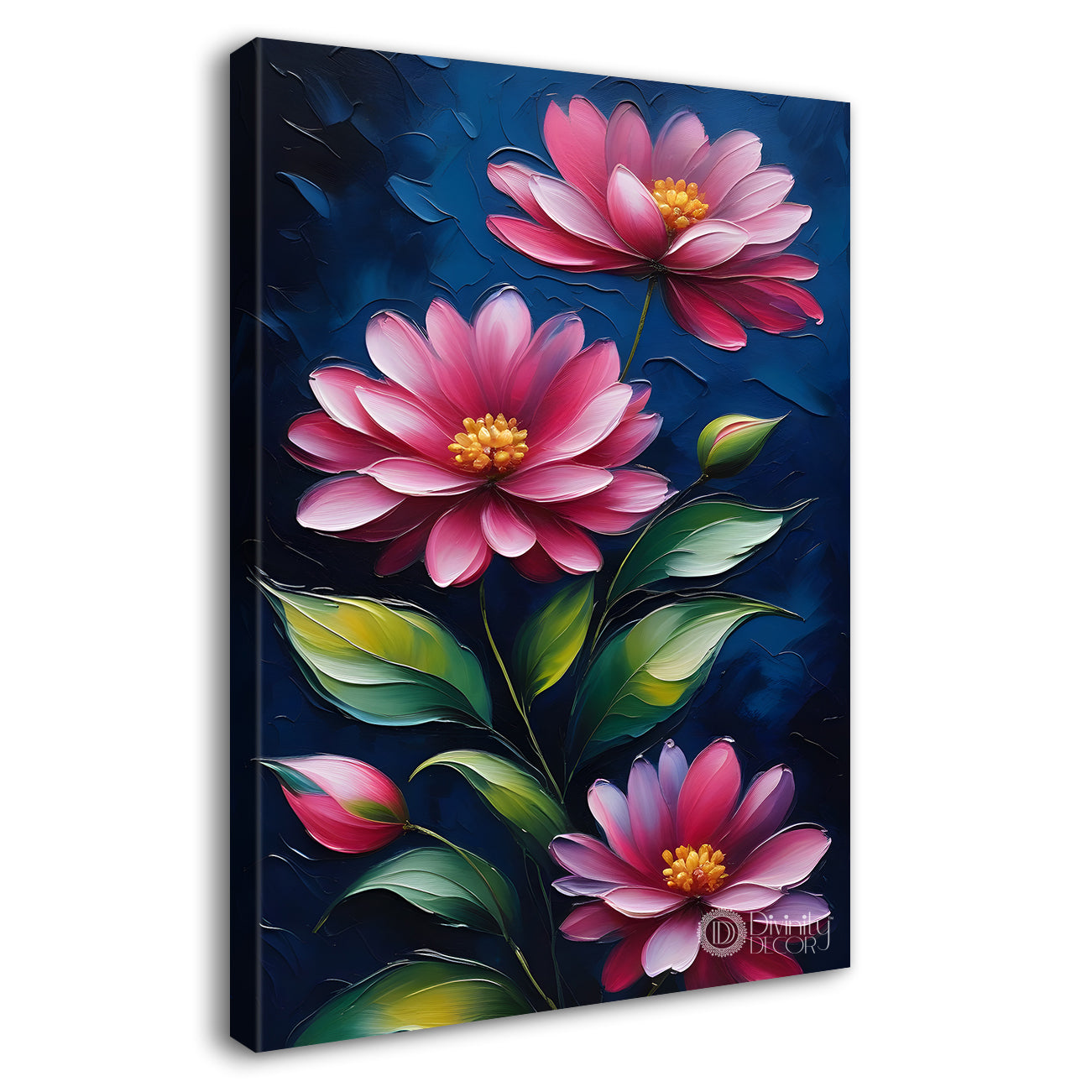 Pink flowers in navy blue textured background painting- Flower-V-147