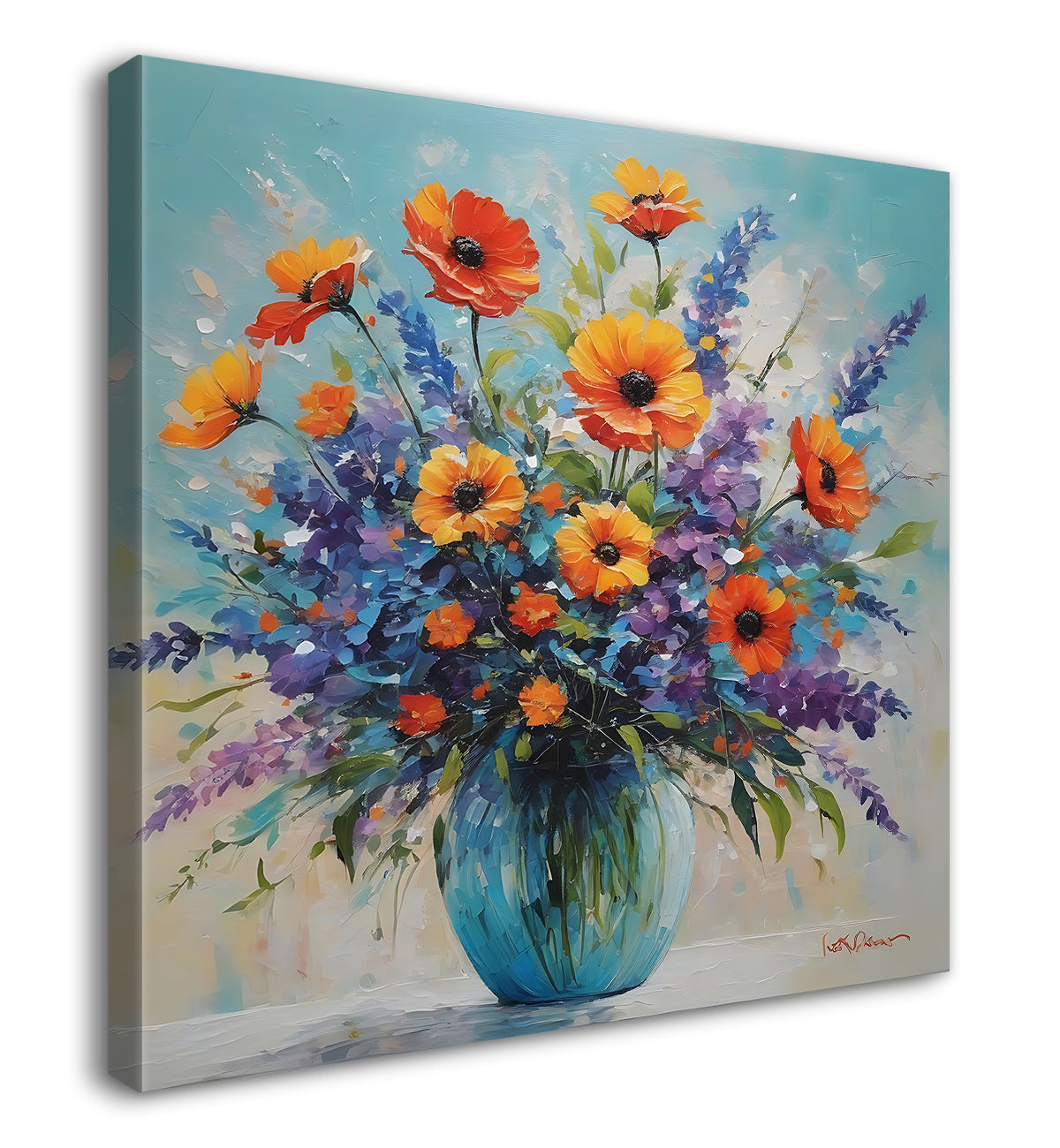 Colourful flowers in a vas in blue textured painting - Flower-S-147