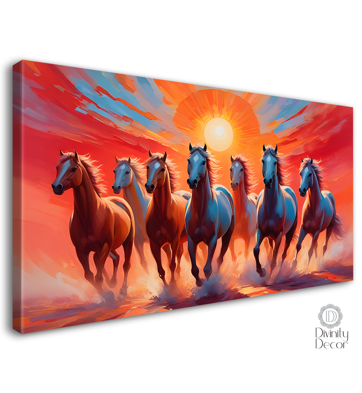 Brown and white horses running on the water with sunrise and red textured background art Canvas Painting - Design - Horse-148