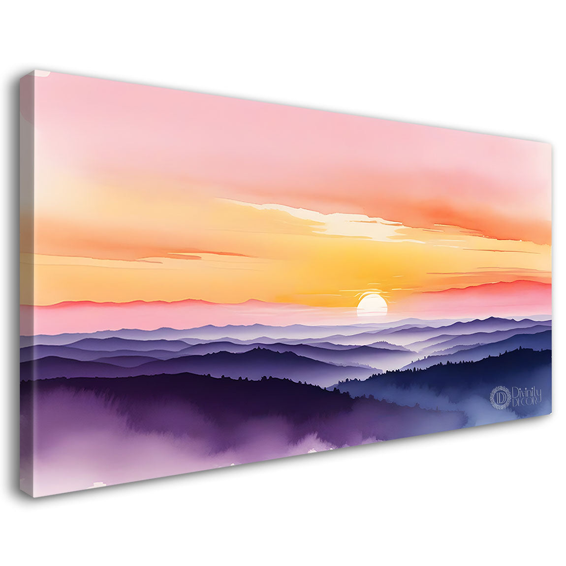 Mountains and sunset in textured water color painting Canvas Painting - Nature Art -148