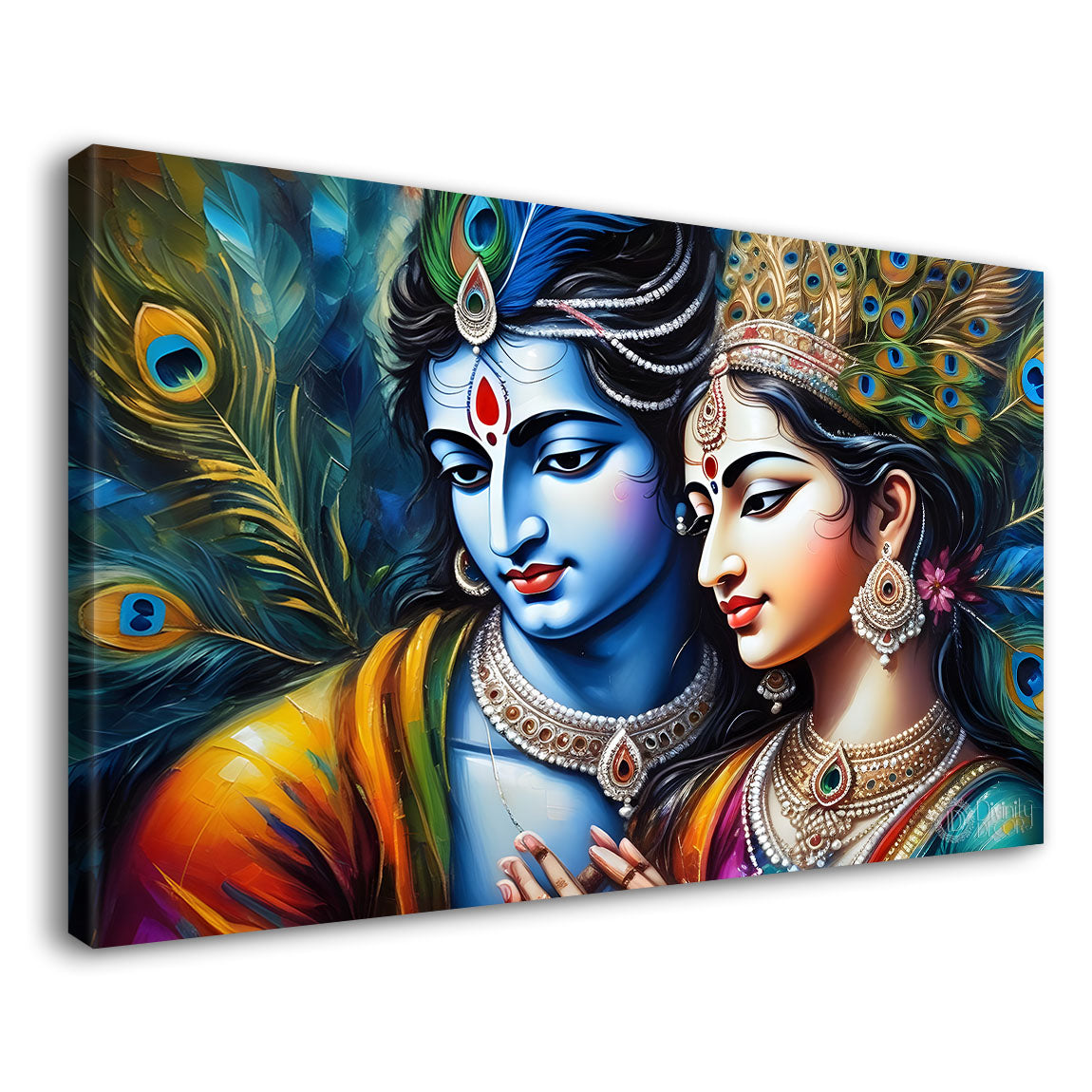 Blue face of Krishna and Radha with peacock feather background painting Canvas Painting - Design - Krishna-148