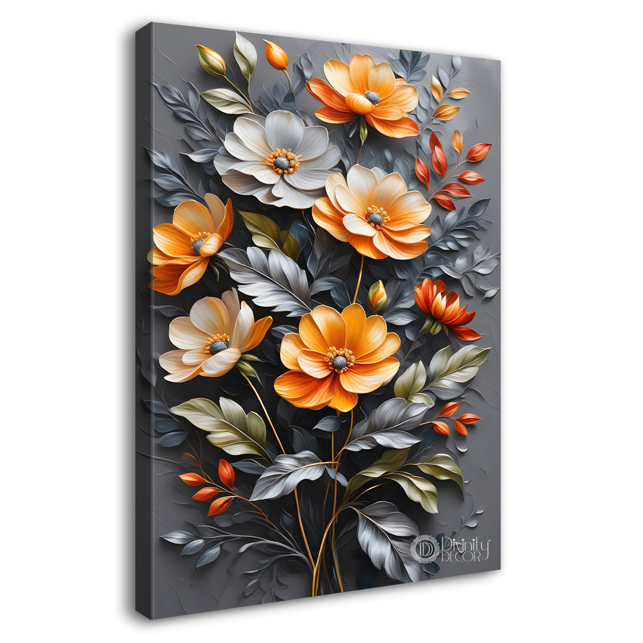 Orange and white flowers in grey textured painting- Flower-V-148