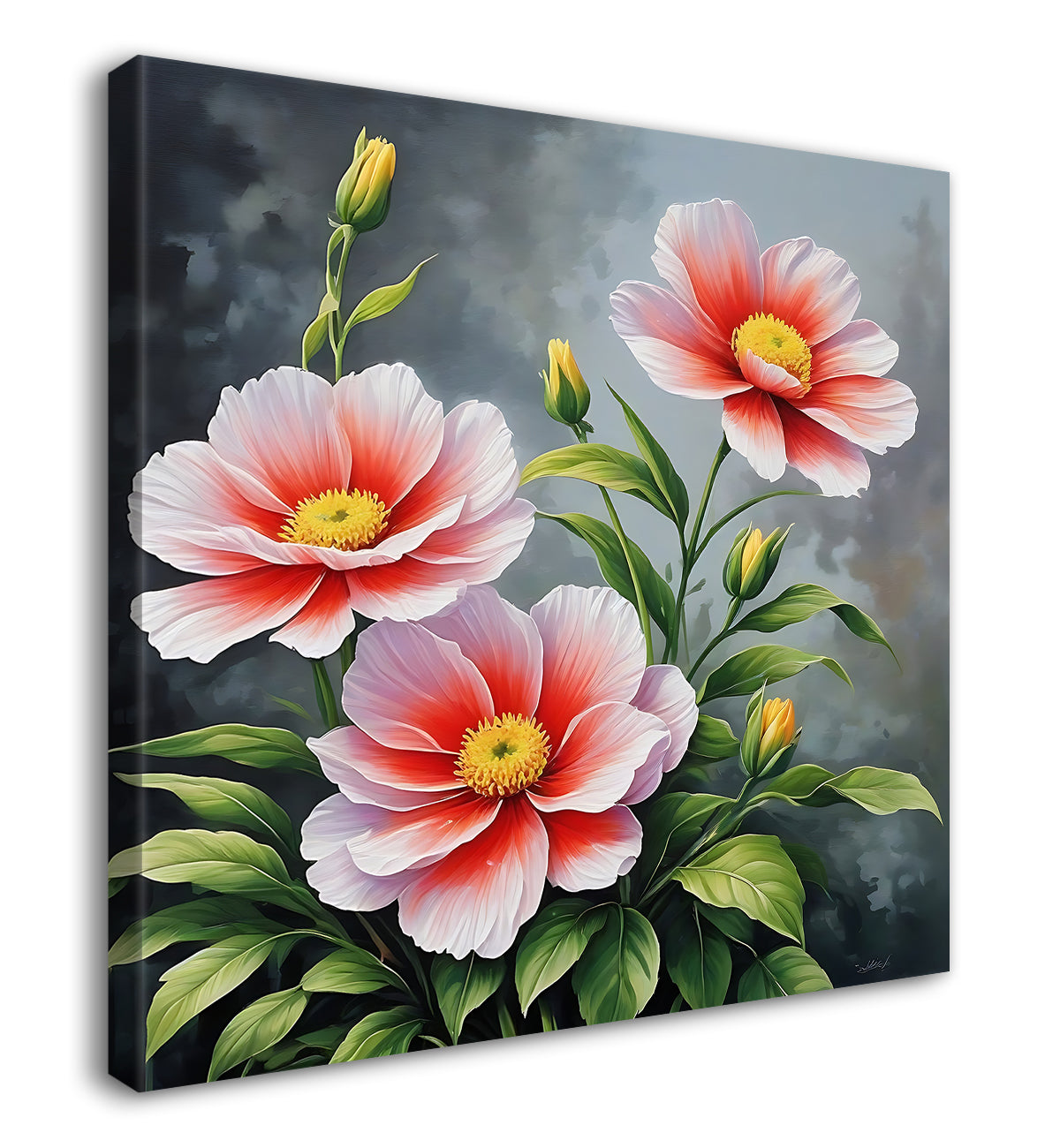 Pink flowers in grey background textured painting - Flower-S-148