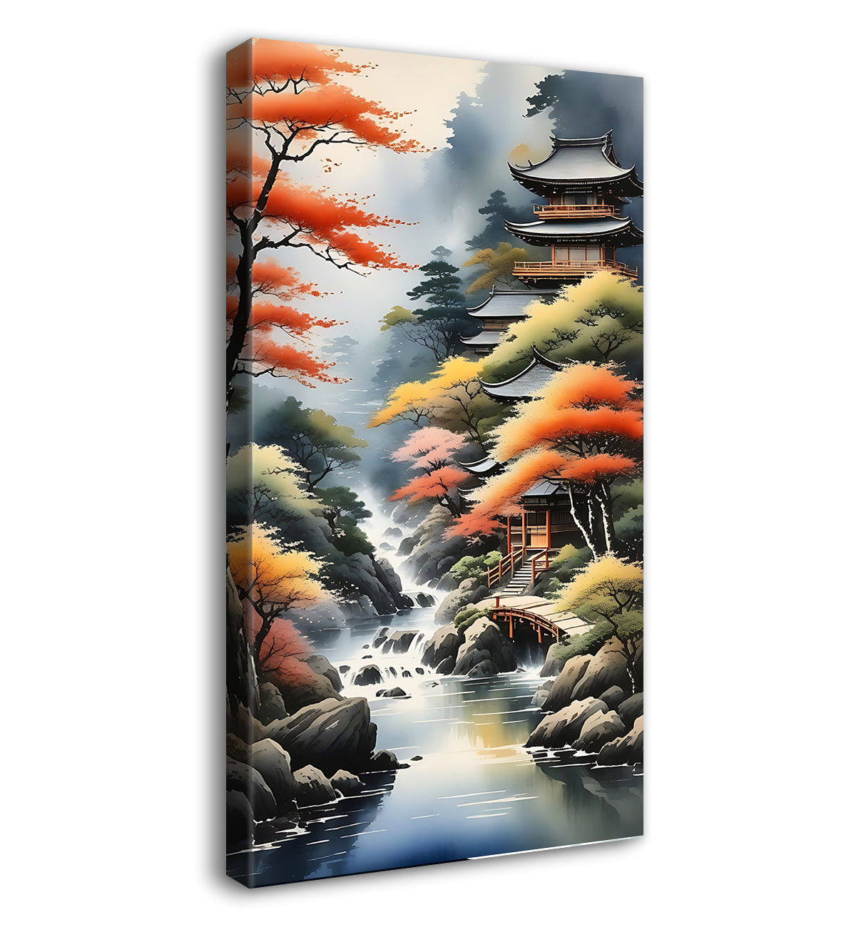 Trees with greenery and lake in textured water colour painting Canvas Painting - Nature Art -V-148