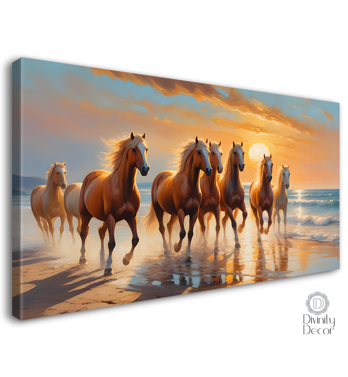 Brown horses running on the water with sunrise textured background art Canvas Painting - Design - Horse-149