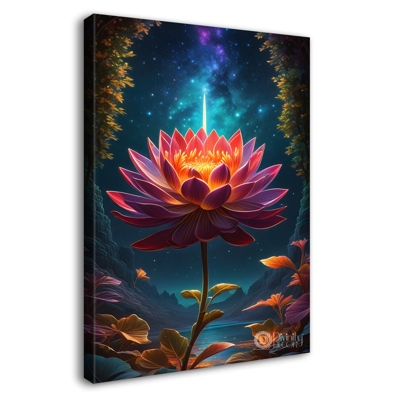 Lotus with cosmic ray with dark textured background painting- Flower-V-149