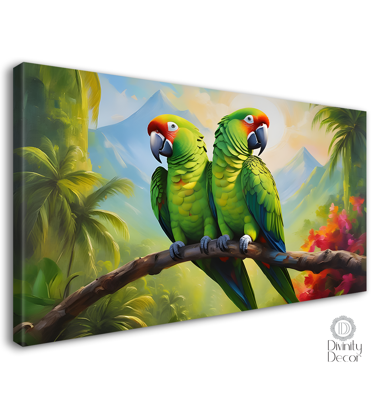 Two parrots on the branch with green background textured art. - Design - Animal - 149