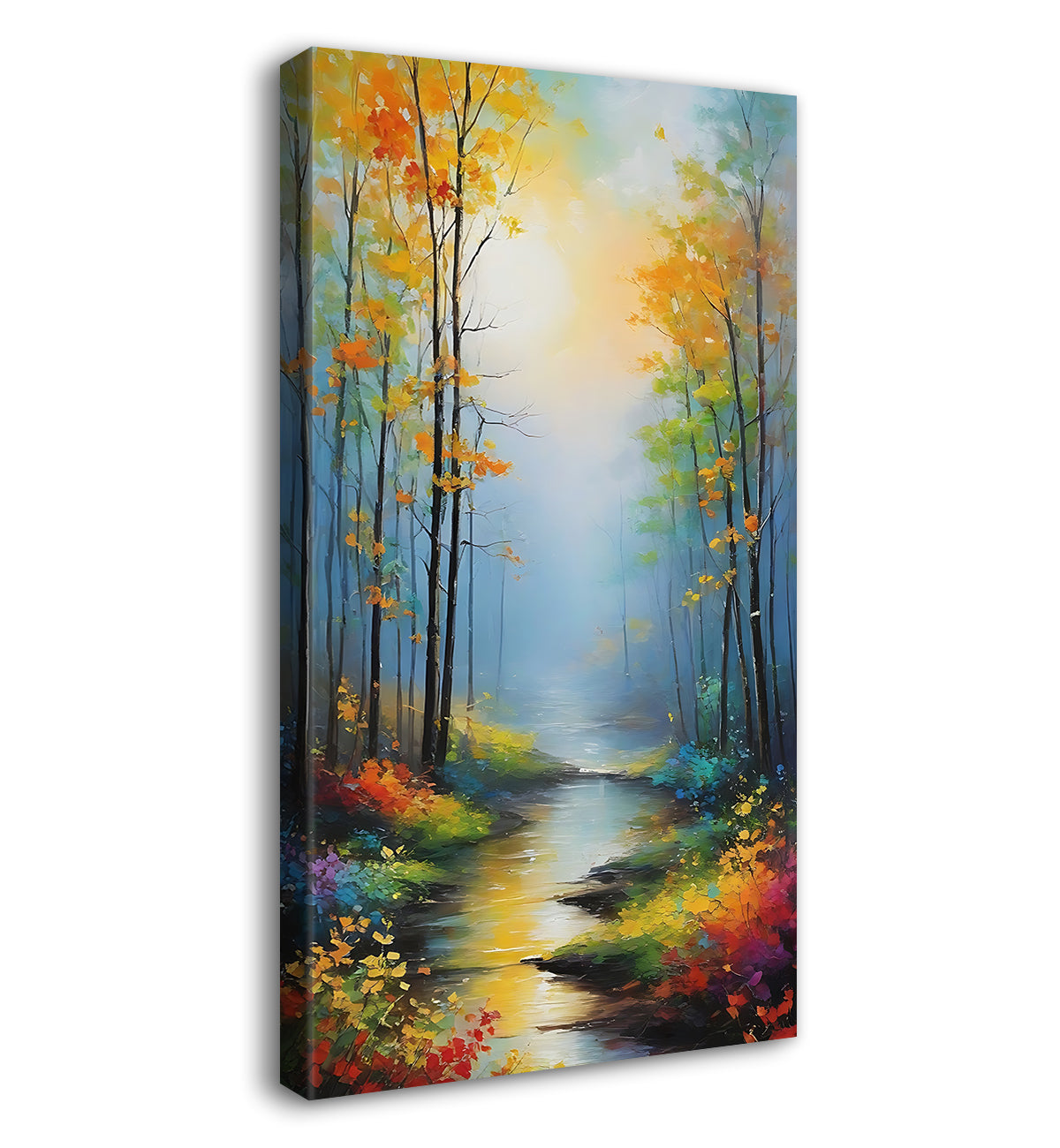 Yellow trees with lake and white mountains textured painting Canvas Painting - Nature Art -V-149