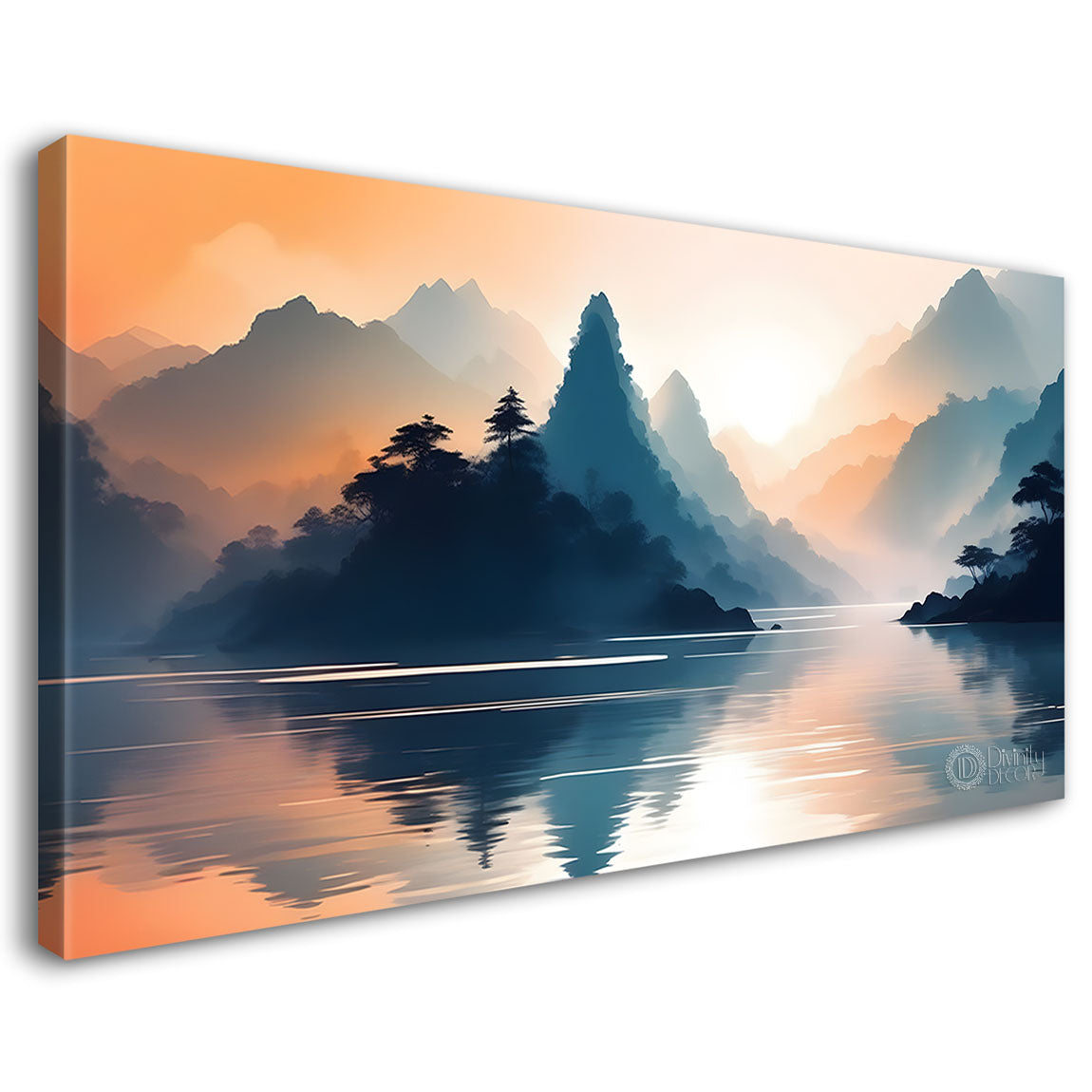 Mountains with river in sunrise in textured water color painting Canvas Painting - Nature Art -149