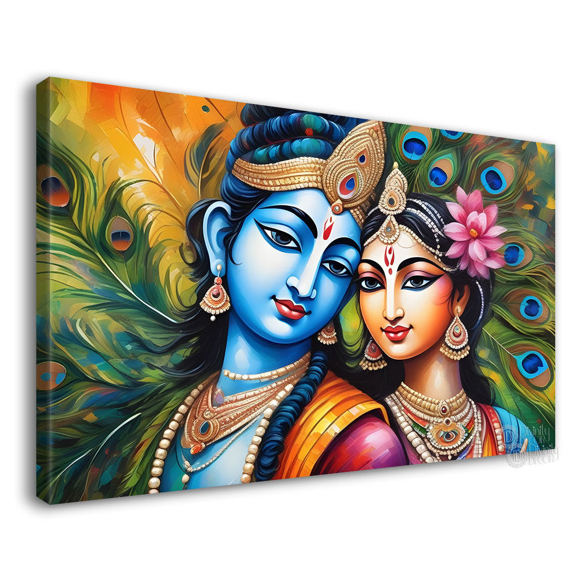 Blue face Krishna and Radha with peacock feather painting Canvas Painting - Design - Krishna-14