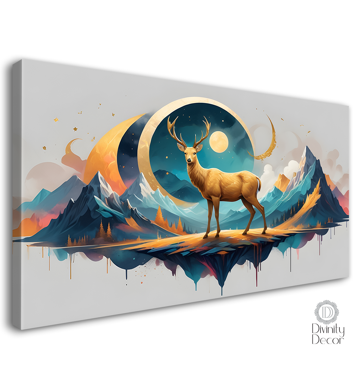 Golden Deer with mountains and moon in textured art.- Design - Animal -14