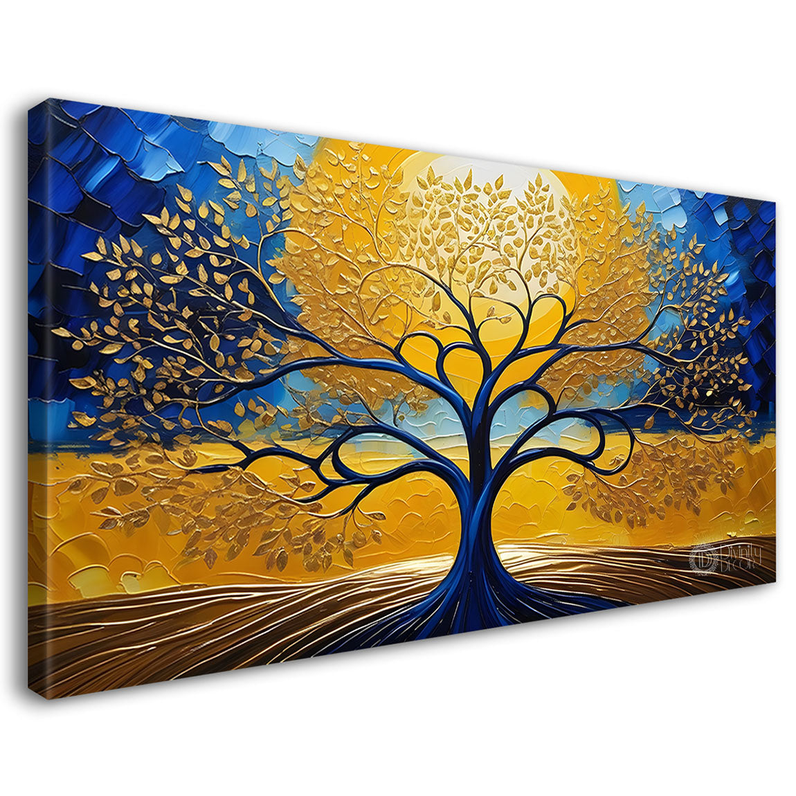 Blue branch with golden leaf tree in textured modern art Canvas Painting - Design - Tree-14