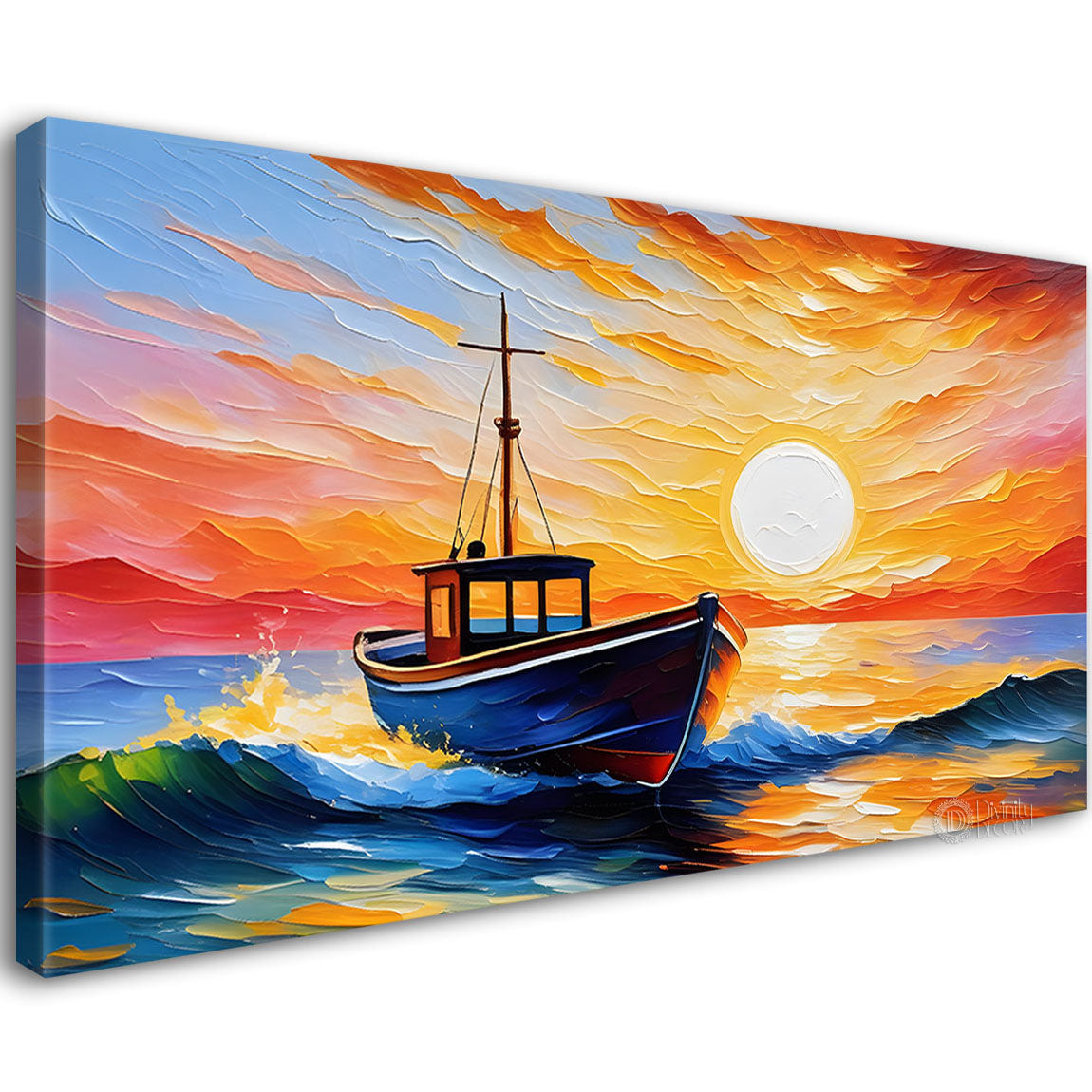Ship with sunrise background in textured modern art canvas painting - Design - River-14