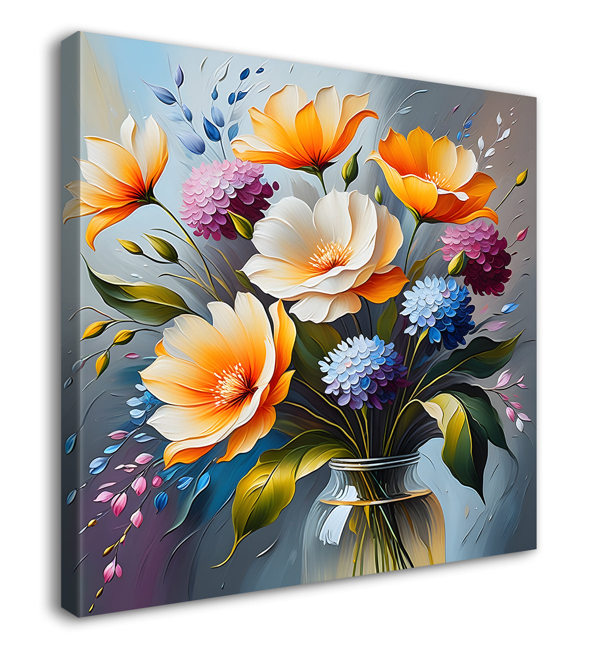 Yellow flowers in blue background textured painting - Flower-S-14