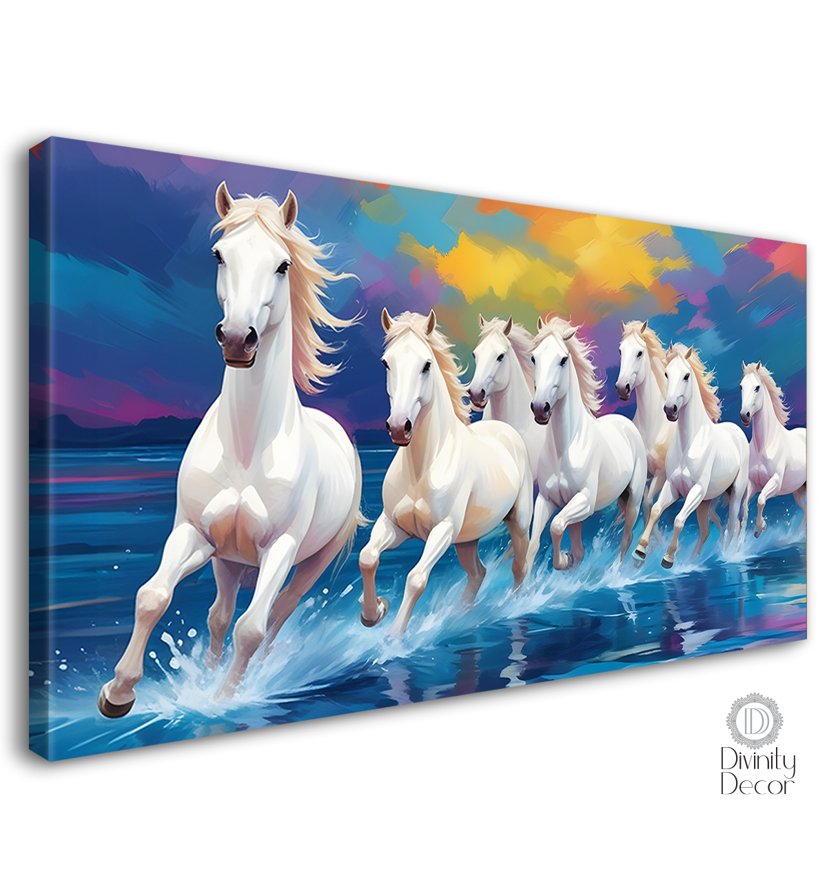 White running horses on the water with colorful textured background art Canvas Painting - Design - Horse-15
