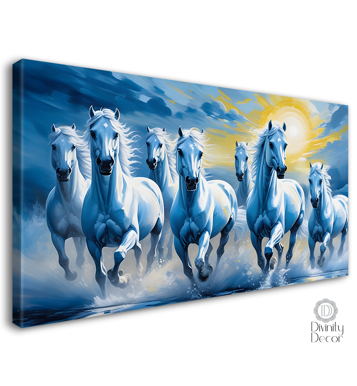 White horses running on the water with sunrise and sky blue textured background art Canvas Painting - Design - Horse-150