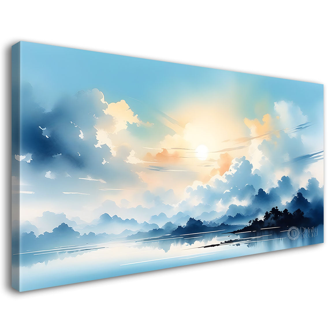 Mountains with clouds and river in textured water color art Canvas Painting - Nature Art -150