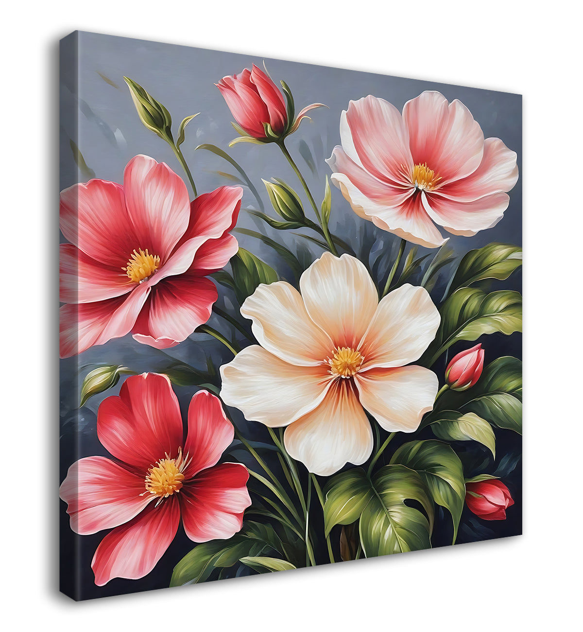 White and pink flowers in grey textured painting - Flower-S-150