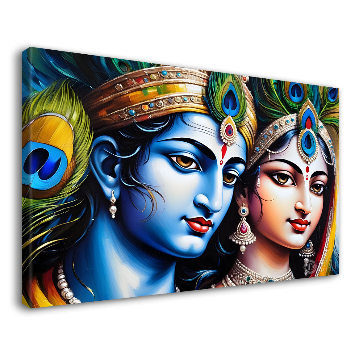 Blue face of Krishna and Radha with yellow background painting Canvas Painting - Design - Krishna-150