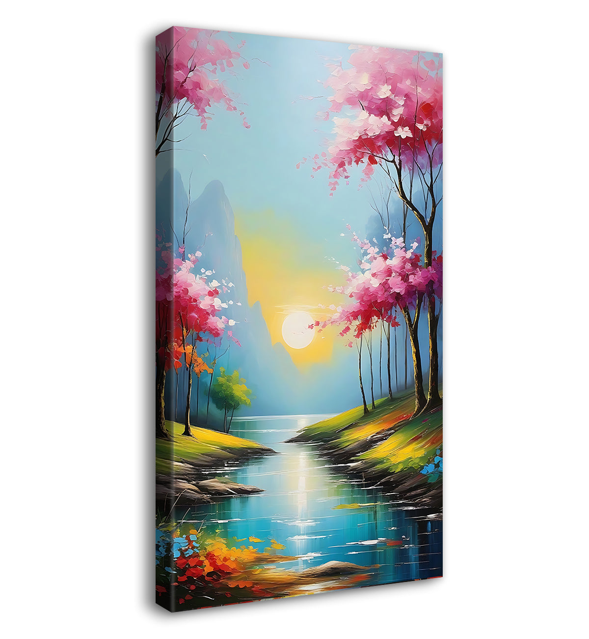 Pink trees wtih lake and sun in textured painting Canvas Painting - Nature Art -V-150