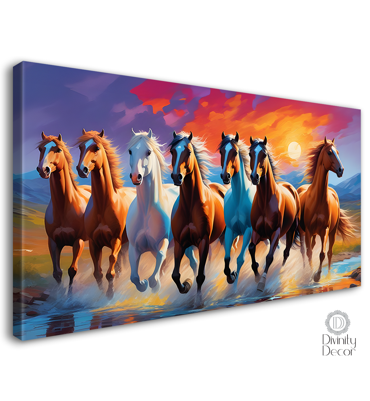 Brown and white horses running on the water with sunrise textured background art Canvas Painting - Design - Horse-151