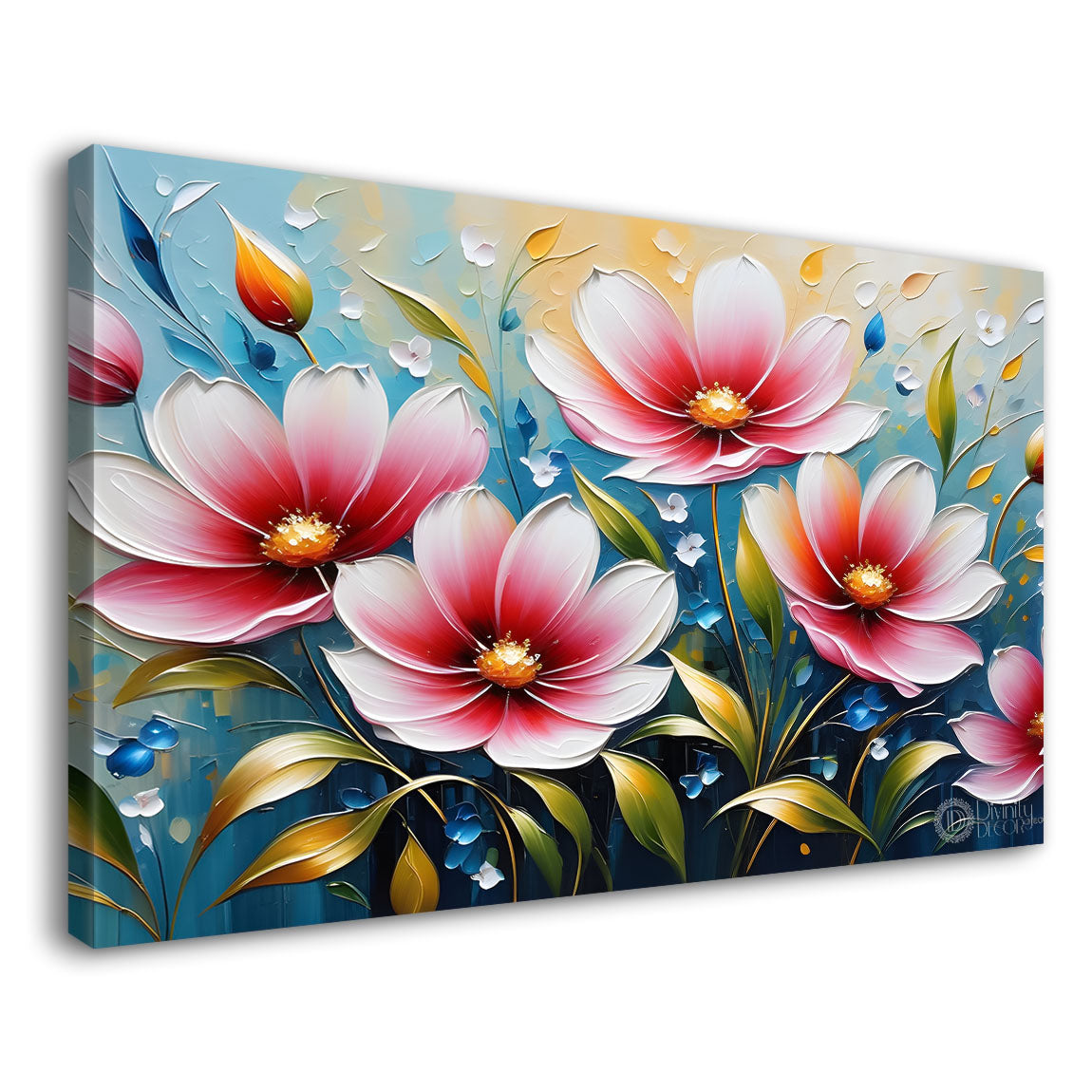 Pink flowers with blue background painting- Design - Flower-151