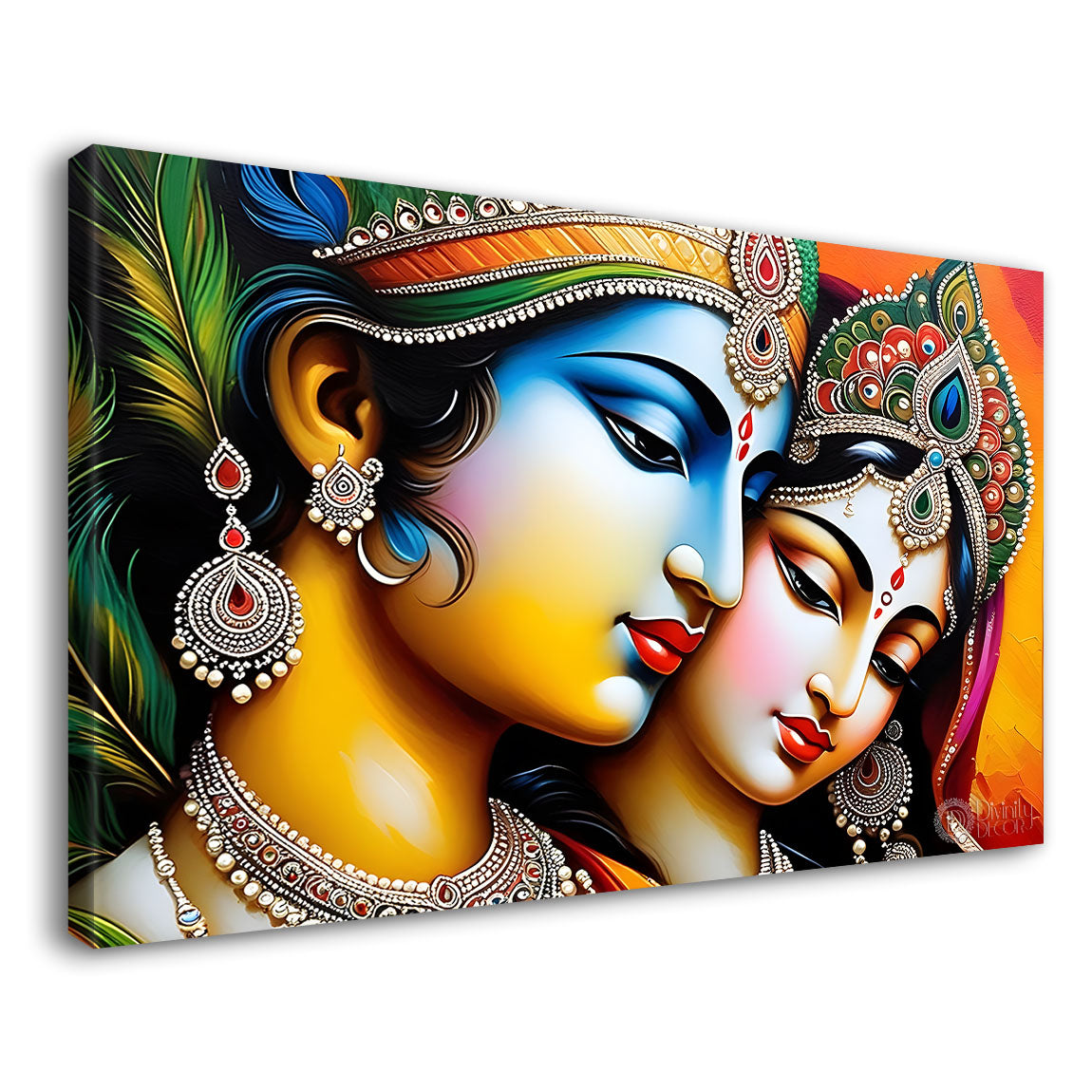 Blue face of Krishna and Radha with yellow and peacock feather background painting Canvas Painting - Design - Krishna-151