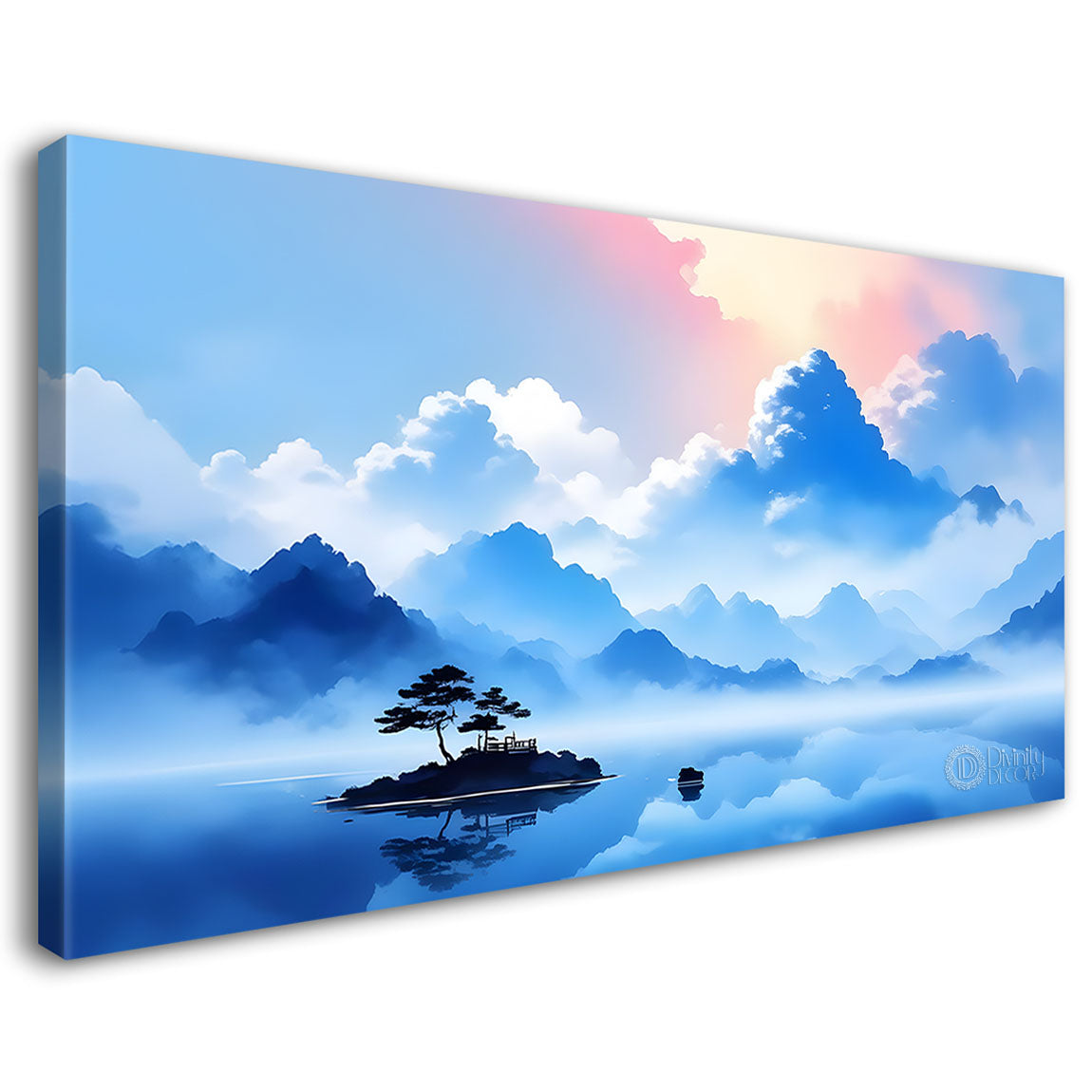 Mountains with river and clouds textured water color art Canvas Painting - Nature Art -151