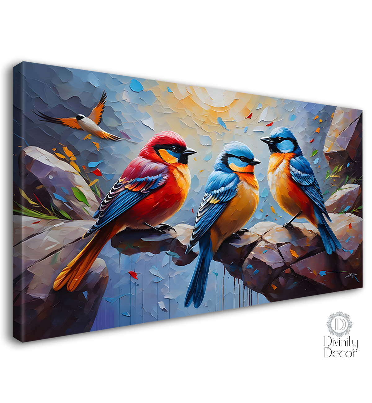 Colorful birds on the rocks in grey background textured art. - Design - Animal - 151