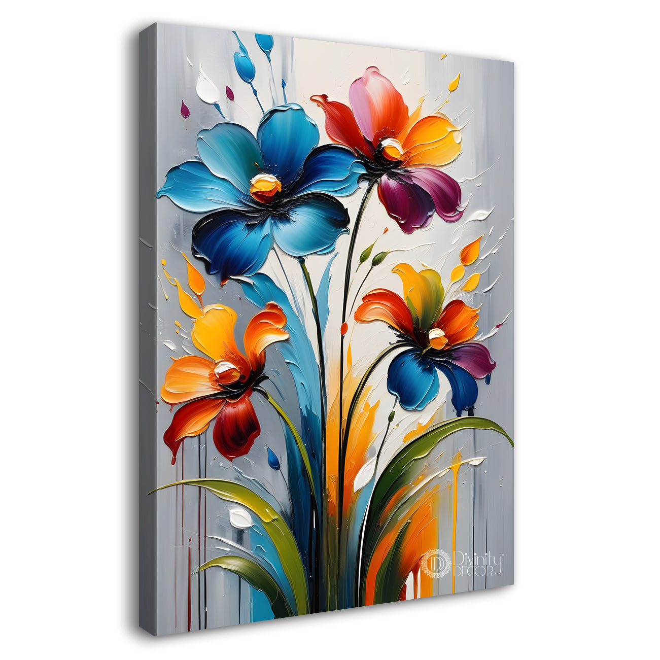 Colourful flowers in grey textured background painting- Flower-V-151