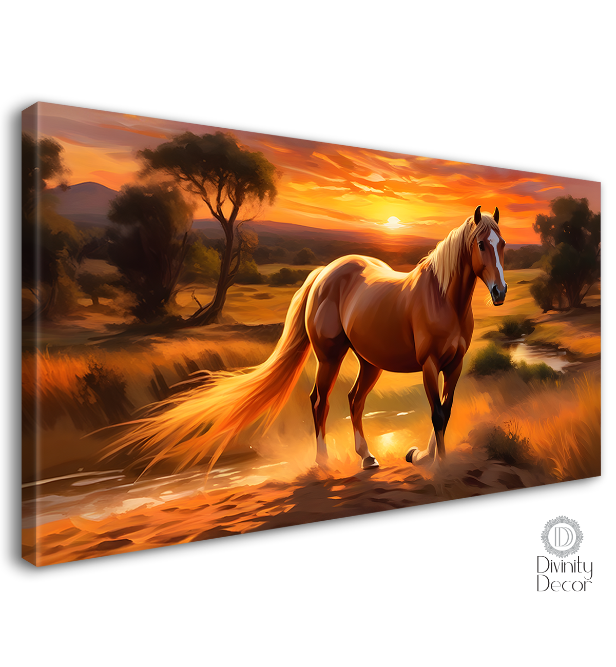 Brown horse in the field with sunset textured background art Canvas Painting - Design - Horse-152